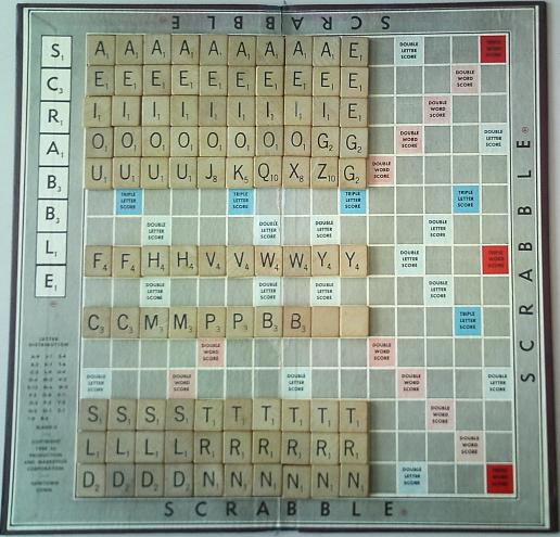 Scrabble tiles in 
10 rows of 10 on board.