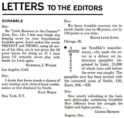 LIFE Magazine, Jan 11 1954. Scoring goof letters.